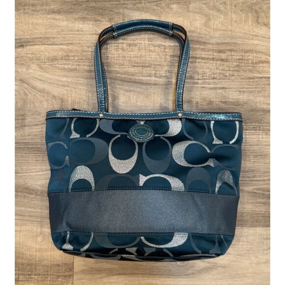 Coach 20429 Signature Teal Metallic File/Messenger Tote Bag - Picture 1 of 9